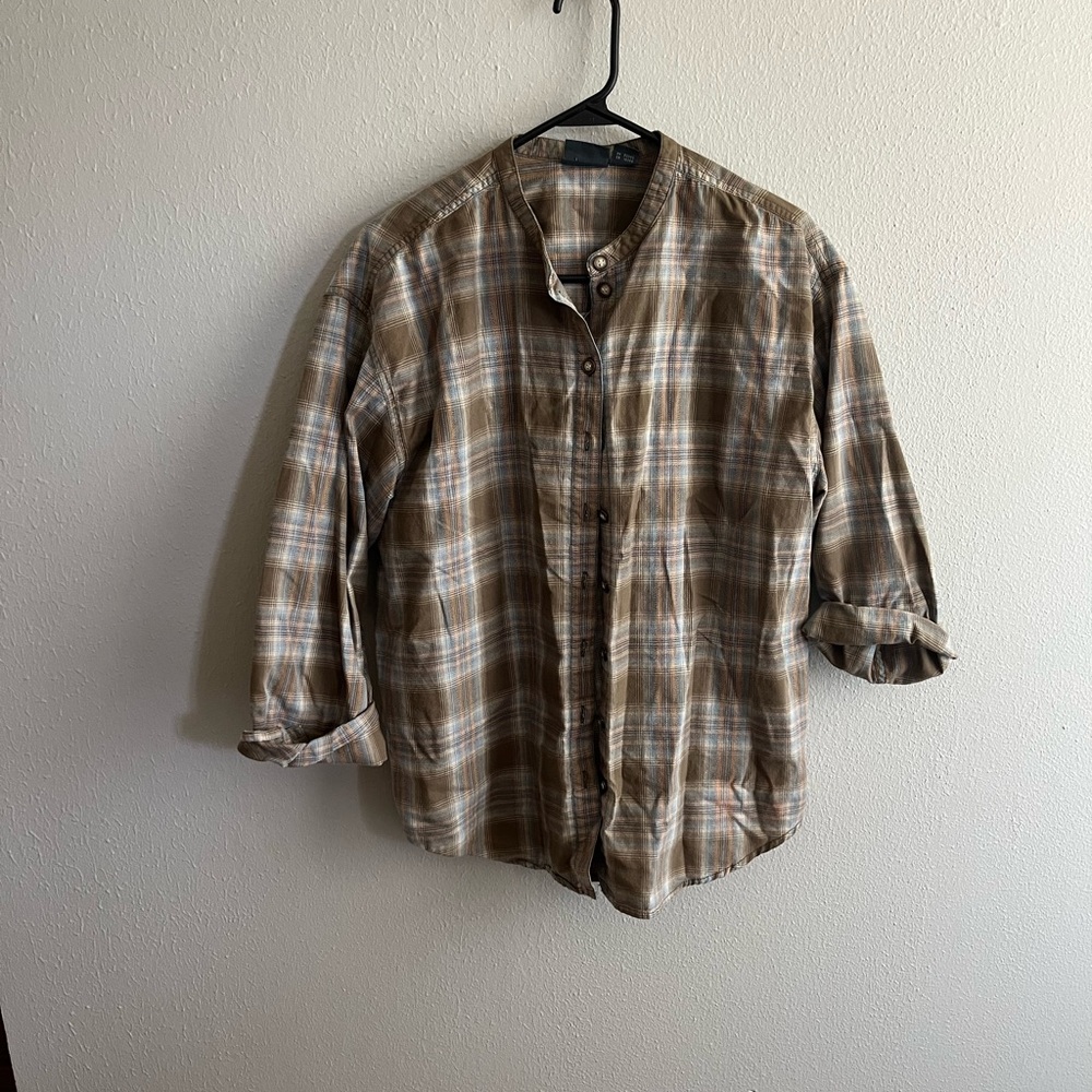 Brown/Green Plaid Band Collar Shirt